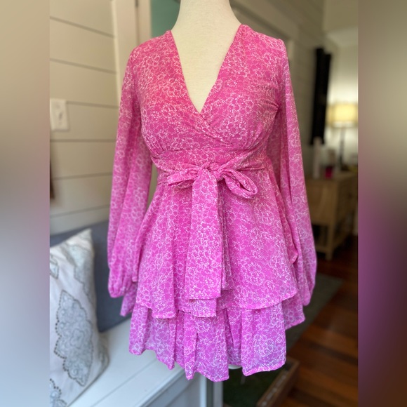 Japna Dresses Japna Pink Ruffle Cinched Waist Dress Puffy Sleeve